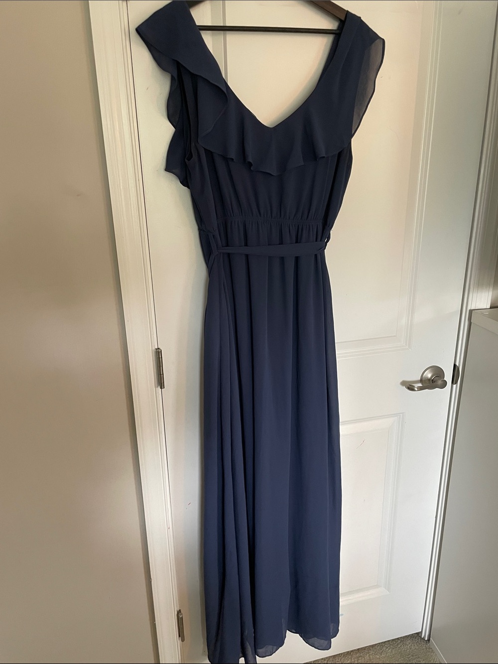 BalticBorn Navy Ruffle V-Neck Maxi Dress with Tie Waist sz XL - Picture 5 of 13